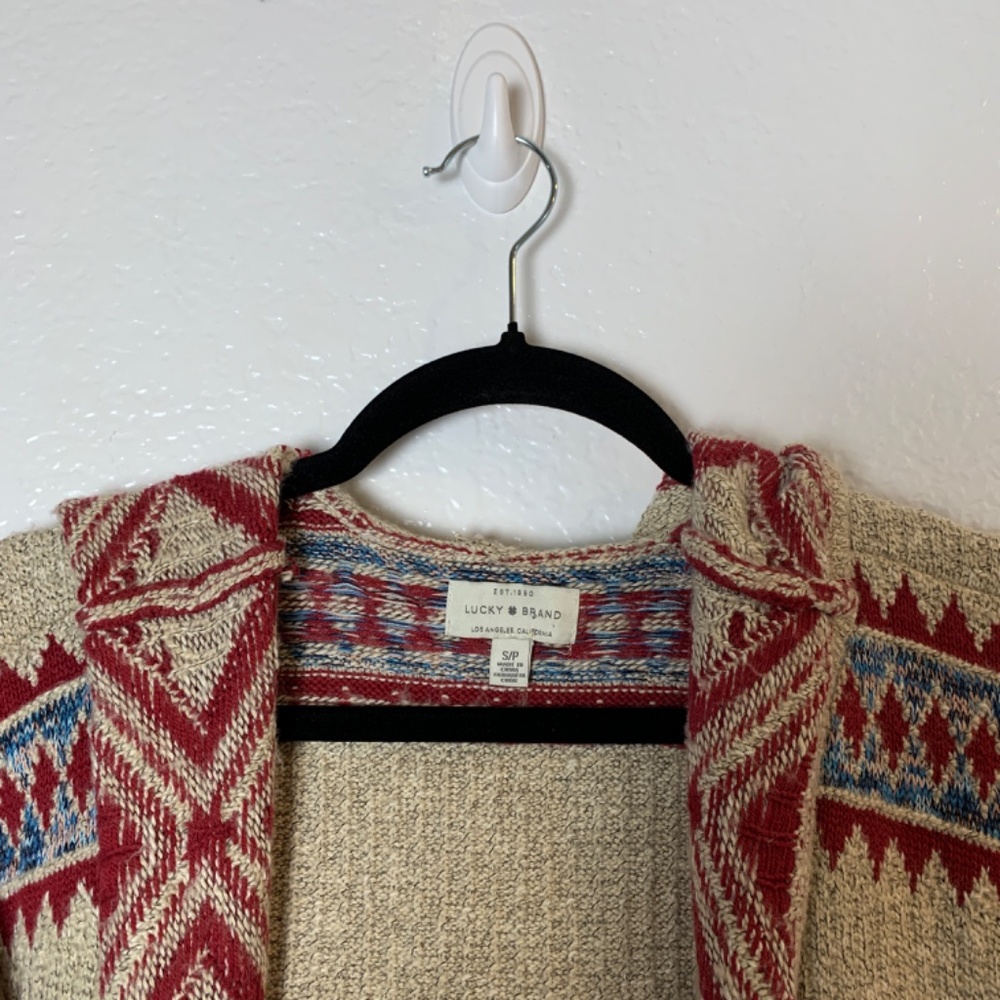 Lucky Brand Aztec Tribal Open Front Hooded Cardigan Size Small Pockets Boho - Picture 4 of 15